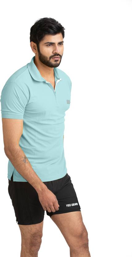 Men Solid Polo Neck Polyester Light Blue T-Shirt