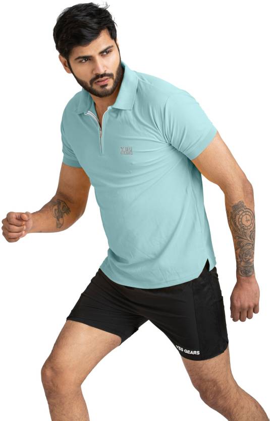 Men Solid Polo Neck Polyester Light Blue T-Shirt