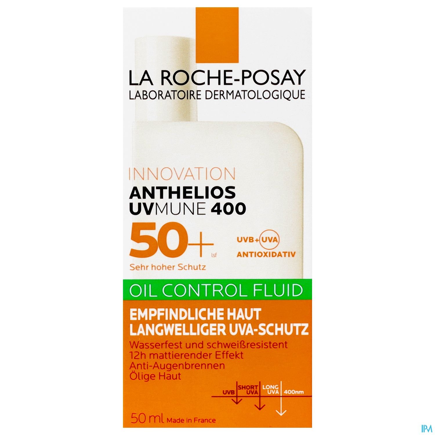 Produktverpackung von La Roche-Posay Anthelios Oil Control Fluid mit Hinweis auf UV-Schutz, wasserfeste Eigenschaften und Anwendung für empfindliche, ölige Haut.