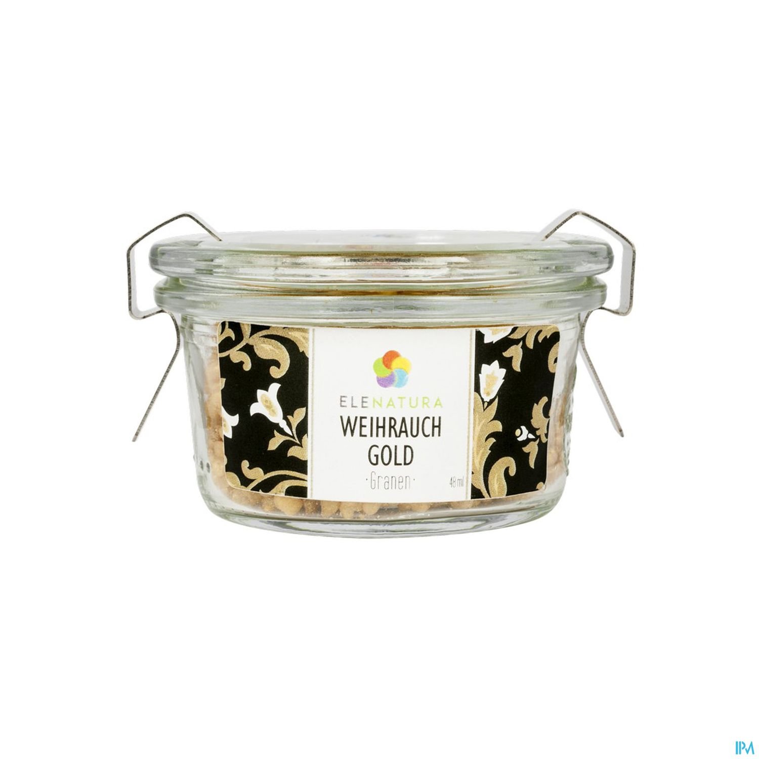 Glasbehälter mit goldfarbenem Weihrauch und schwarzer, floral dekorierter Etikettierung.