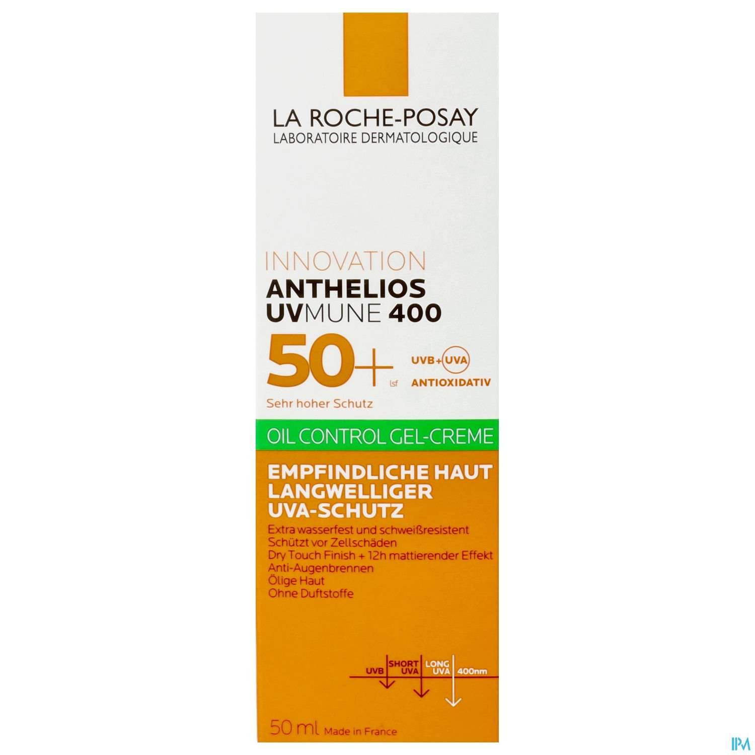 Produktverpackung von La Roche-Posay Anthelios UVmune 400, Sonnencreme für empfindliche Haut, mit Angabe von UVB- und UVA-Schutz, in gel-creme Form, 50 ml.