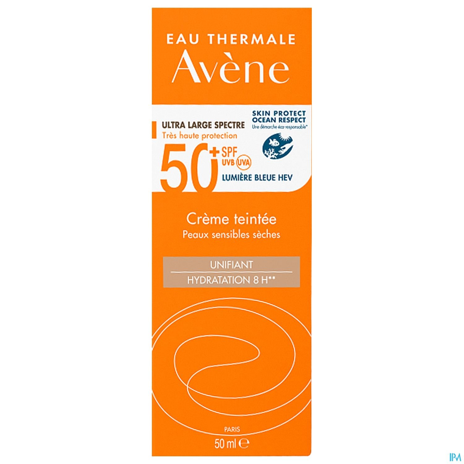 Produktverpackung von Avène, Sonnencreme mit LSF 50+, für empfindliche Haut, Inhalt 50 ml.