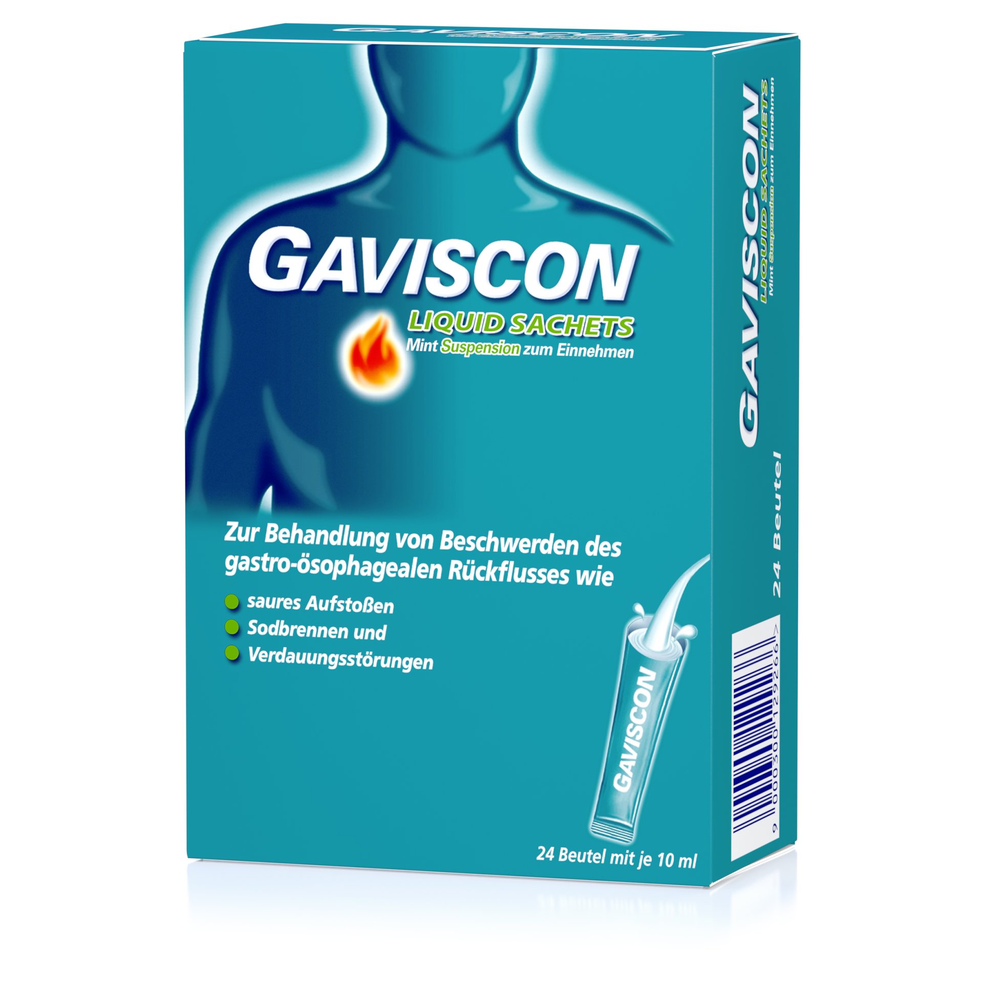 Packung mit Gaviscon Liquid Sachets zur Behandlung von gastroösophagealem Reflux, enthält 24 Beutel à 10 ml.