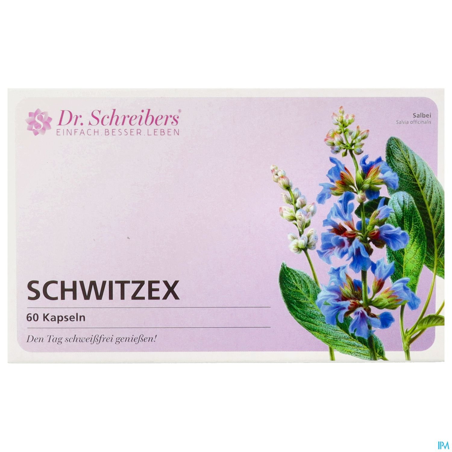 Produktverpackung von Dr. Schreibers "Schwittex" mit blauer Blütenillustration und dem Hinweis "Den Tag schweißfrei genießen!"