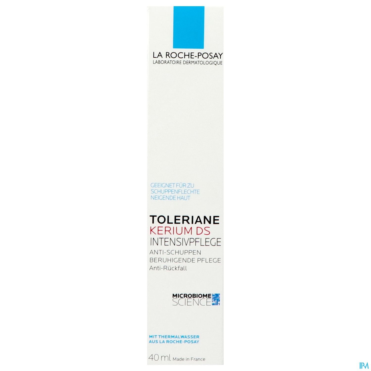 Produktverpackung von La Roche-Posay Toleriane Kerium DS Intensivpflege, 40 ml, mit Beschreibung für schuppenflechtige und empfindliche Haut.
