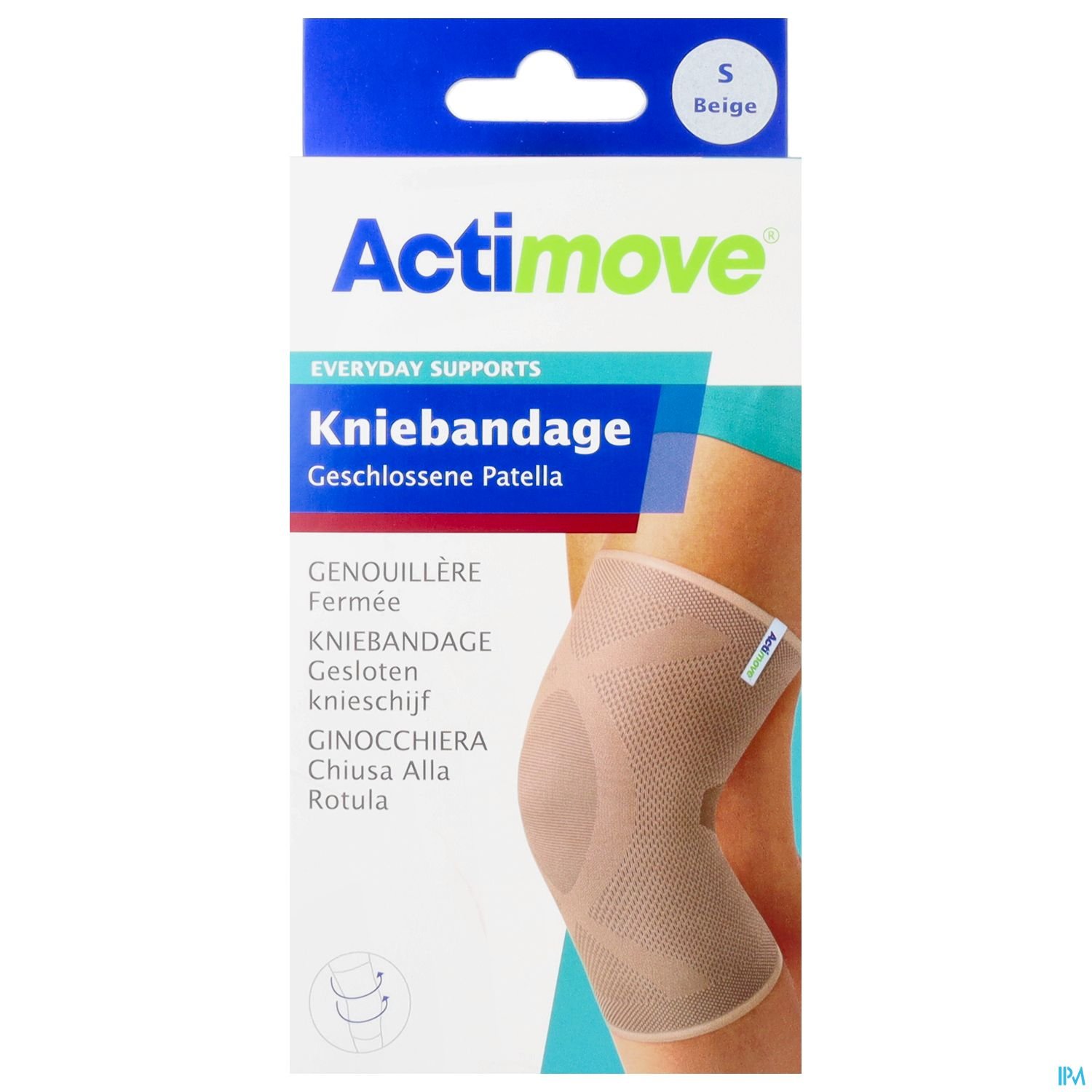 Verpackung einer beigen Knieschiene namens "Actimove", die als Unterstützung für das Knie dient.