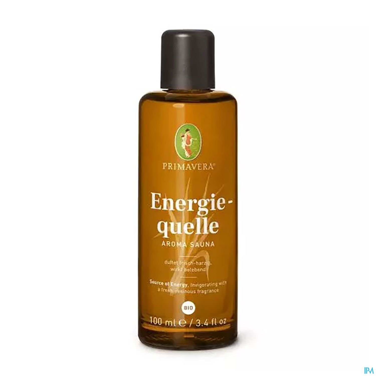 Braunflasche mit schwarzem Deckel, beschriftet mit "PRIMAVERA Energiequelle Aroma Sauna" und 100 ml Inhalt.