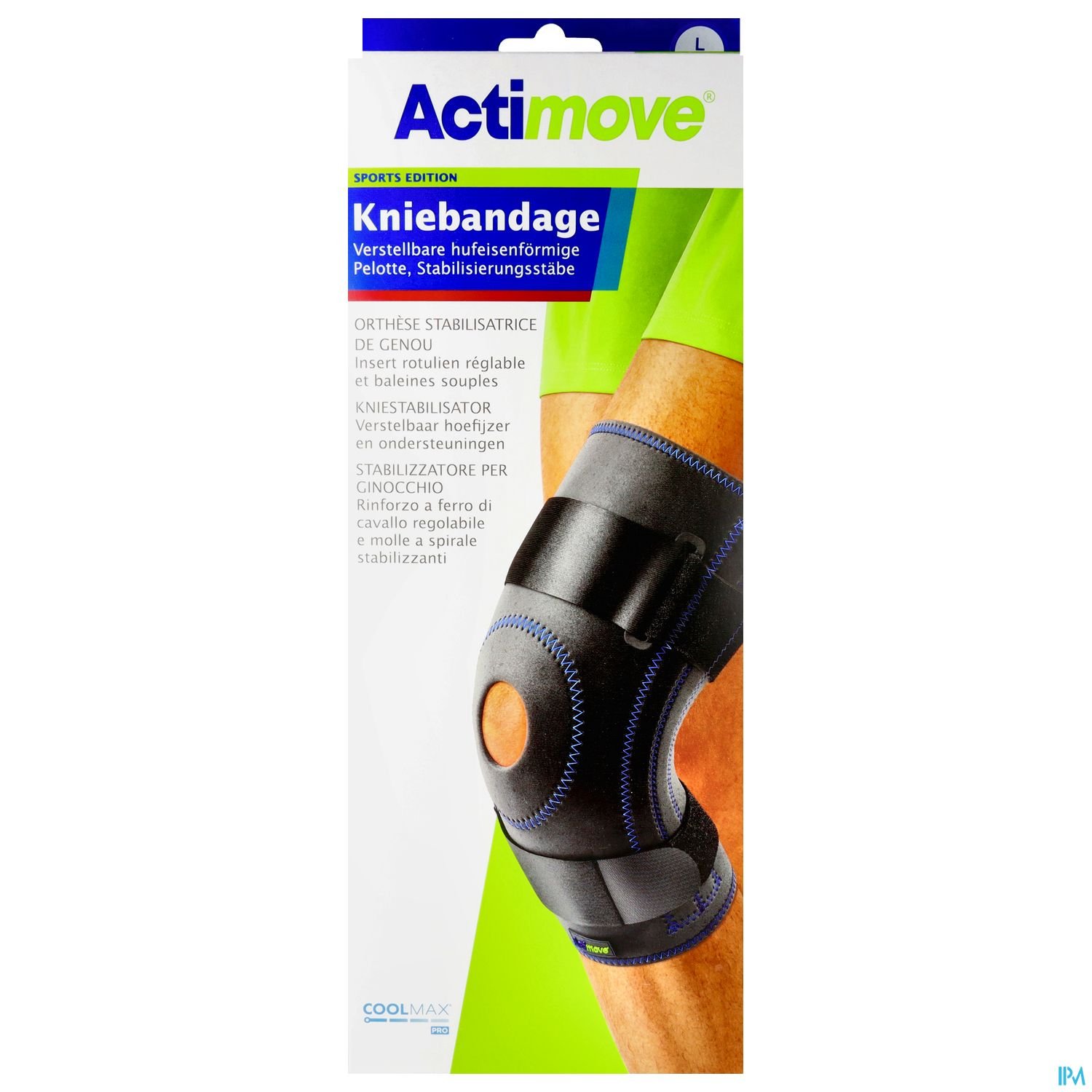 Verpackung einer Kniebandage der Marke Actimove mit Produktbeschreibung und Anwendungshinweisen.