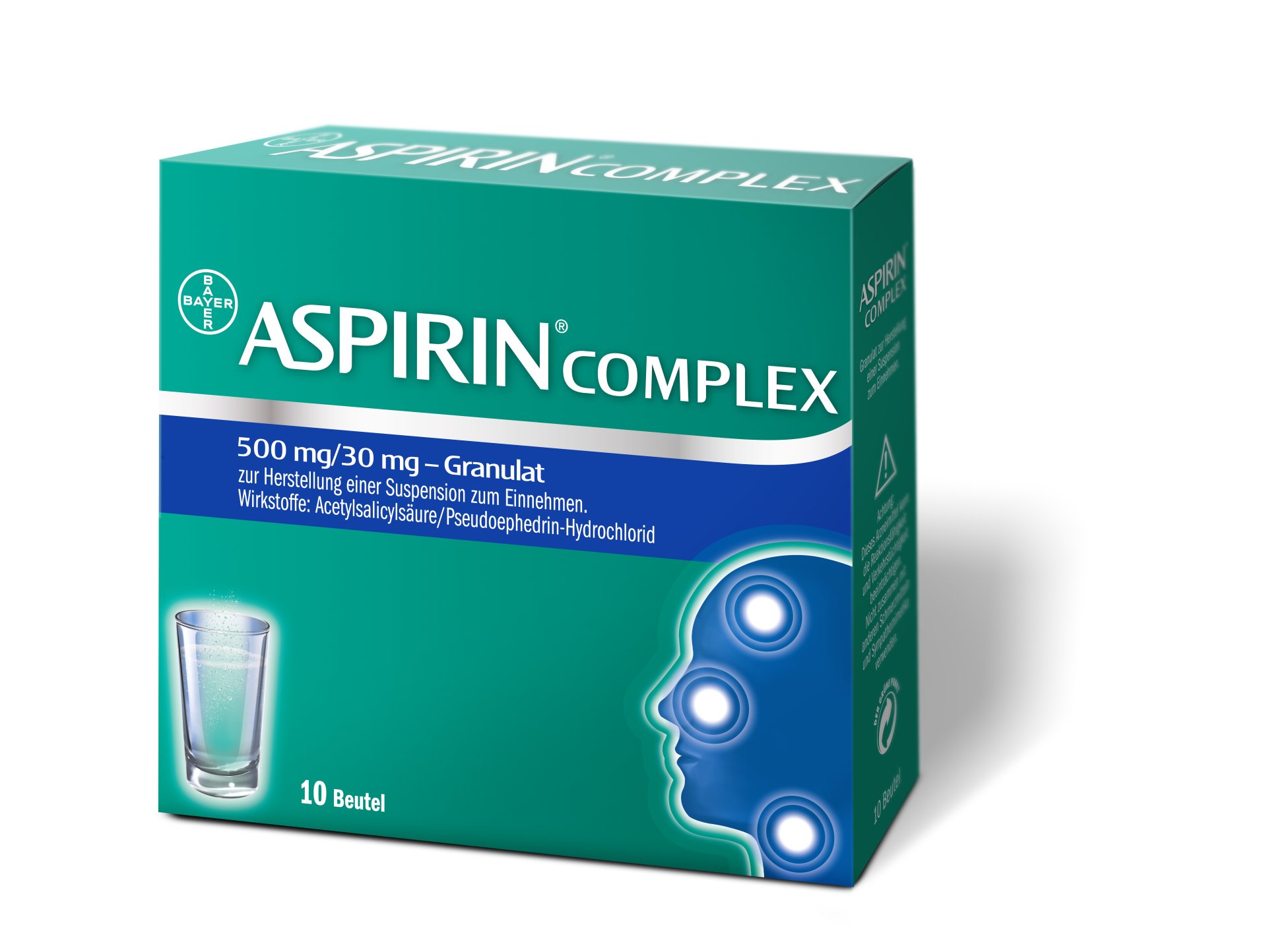 Packung von ASPIRIN COMPLEX mit 10 Beuteln a 500 mg/30 mg Granulat zur Herstellung einer Suspension zum Einnehmen.