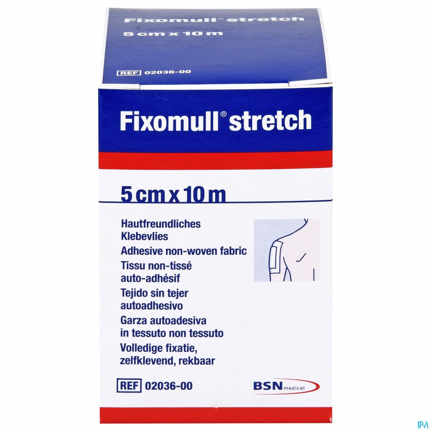 Packung mit Fixomull stretch, 5 cm x 10 m, hautfreundliches Klebevlies.