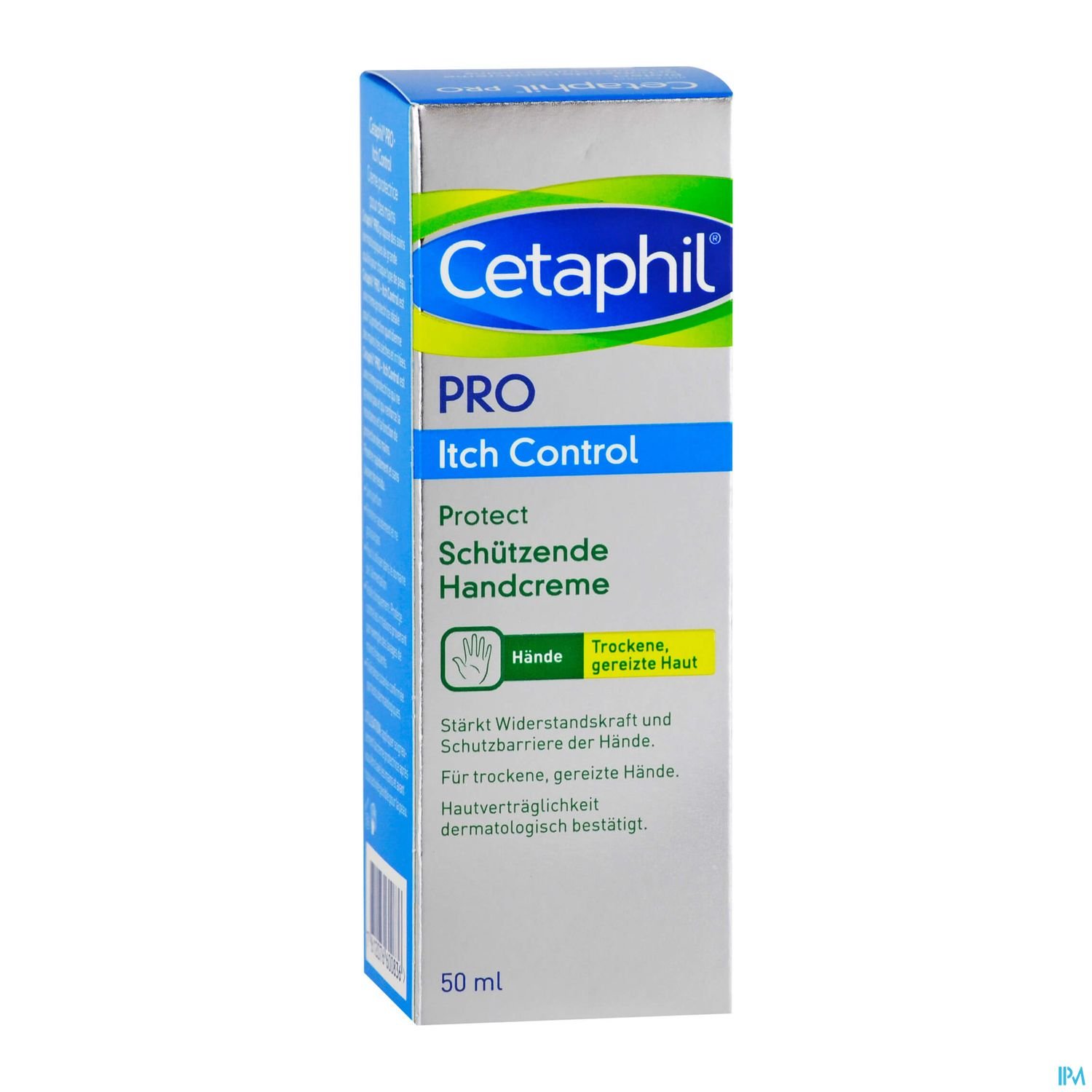 Verpackung einer Cetaphil PRO Itch Control schützenden Handcreme, 50 ml.