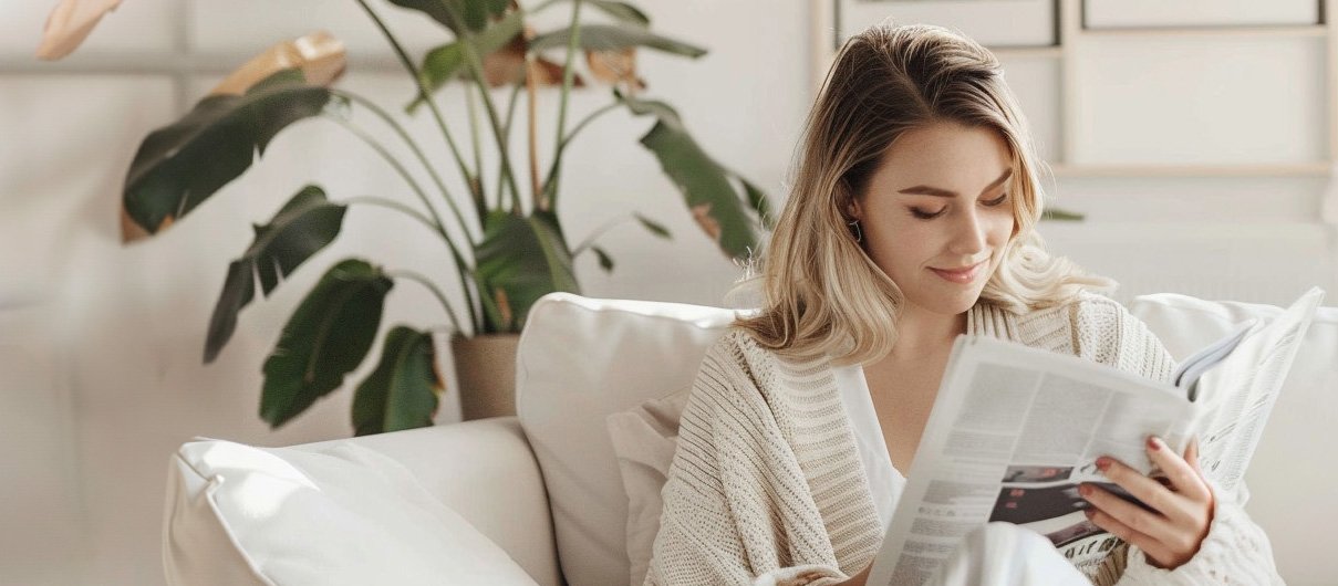 Frau liest das Kundenmagazin auf der Couch