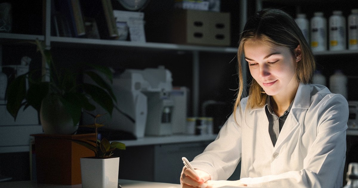 Apothekerin im Büro in der Nacht