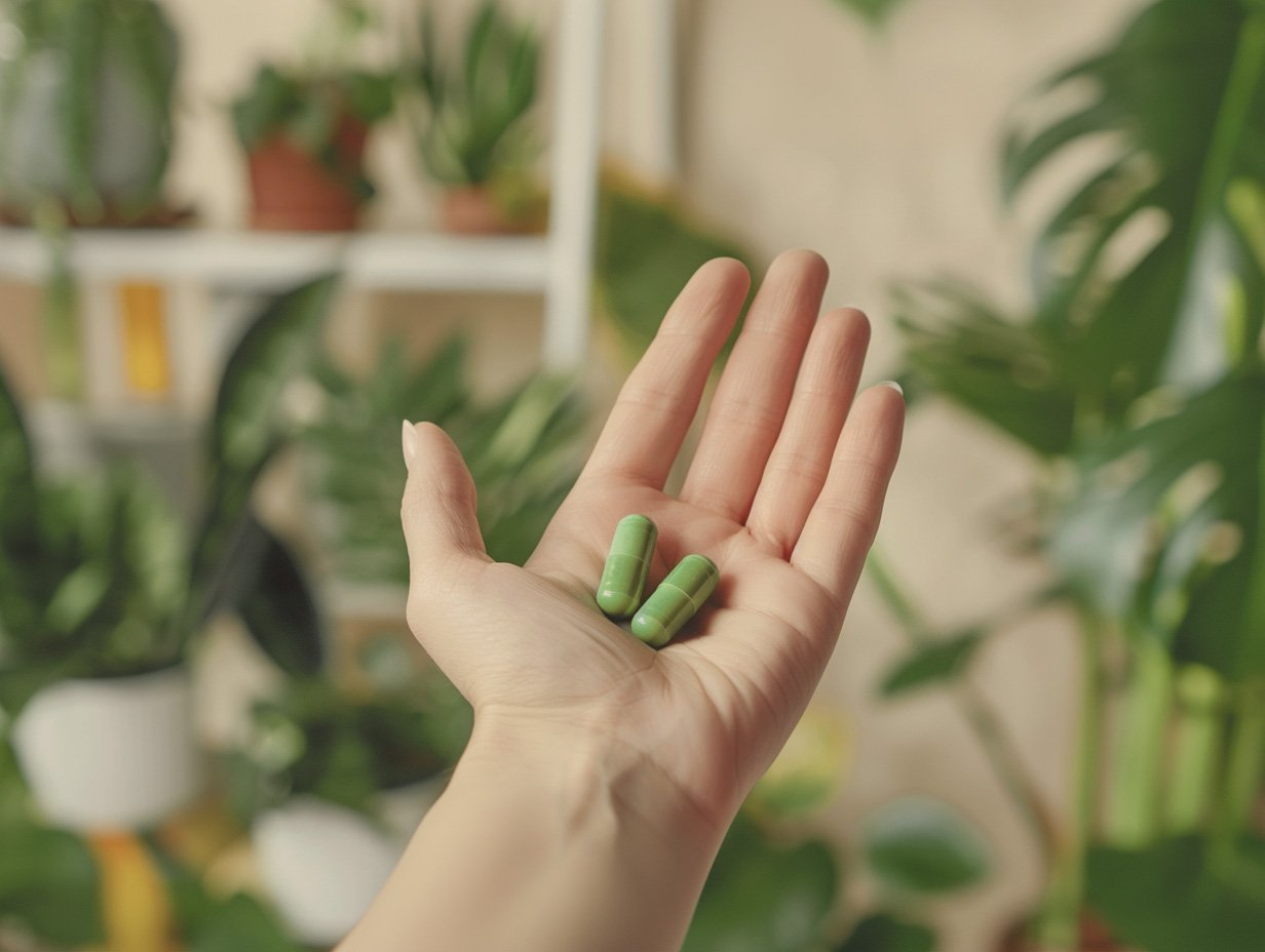 2 grüne Pillen in einer Hand
