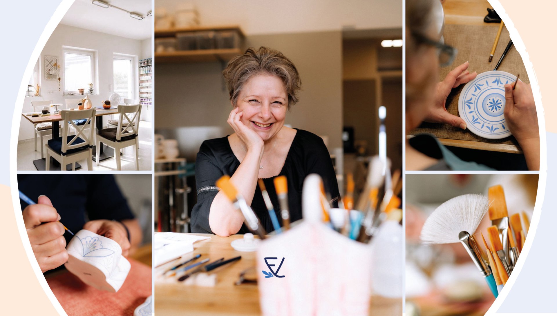 Bild einer kreativen Künstlerin in einem hellen Atelier, umgeben von Malutensilien und Pinsel. Sie lächelt freundlich und präsentiert stolz ihre Arbeiten. Der Raum strahlt eine einladende Atmosphäre aus, die zum kreativen Schaffen anregt. In weiteren Bildern sieht man Details ihrer Kunstwerke und den Arbeitsplatz.