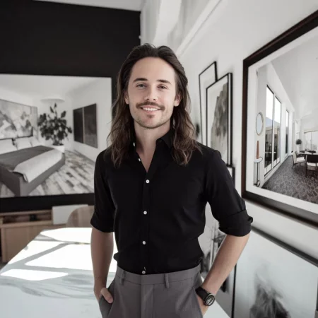Ein junger Mann mit langen, gewellten Haaren trägt ein schwarzes Hemd und graue Hosen. Er steht in einem modernen Raum mit großen Fenstern und Kunstwerken an den Wänden. Im Hintergrund ist ein stilvolles Schlafzimmer zu sehen.