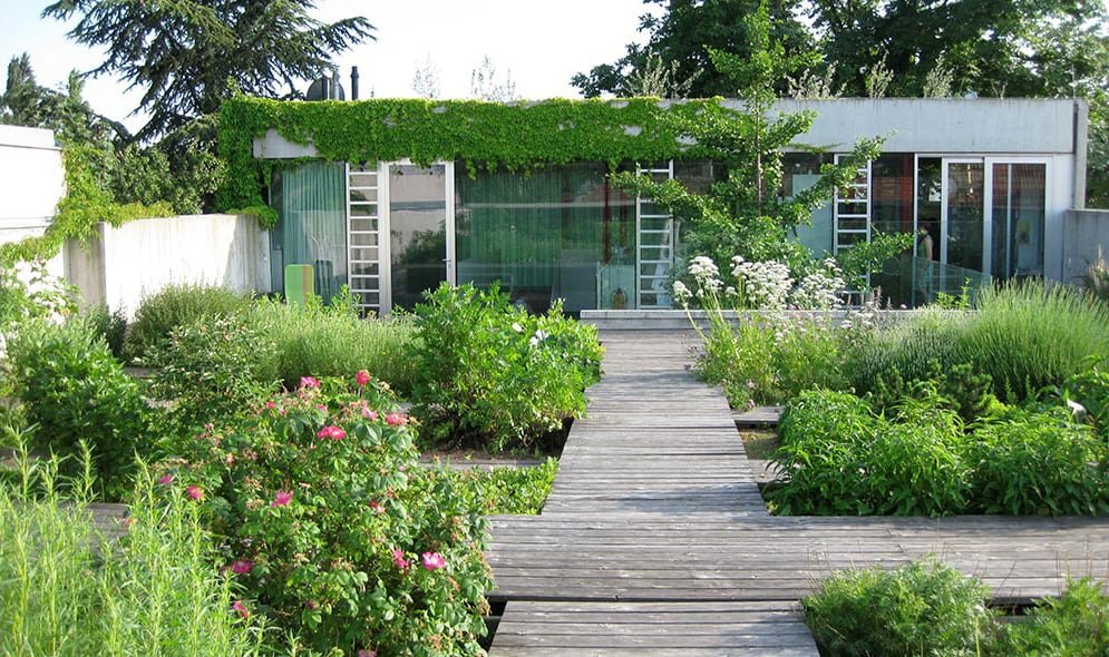 Moderne Architektur mit begrüntem Dach und Glasfassade, umgeben von einem üppigen Garten mit verschiedenen Pflanzen und einem Holzweg, der zum Eingang führt.