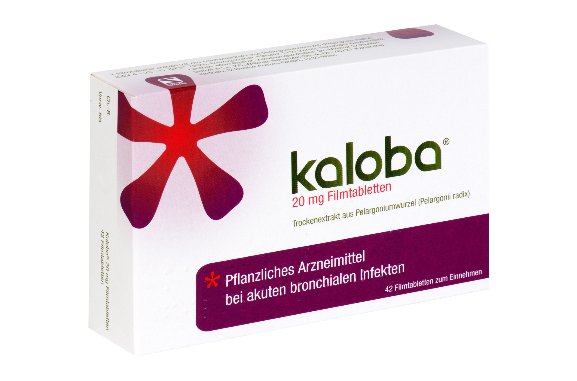 Verpackung von kaloba 20 mg Filmtabletten, Pflanzliches Arzneimittel bei akuten bronchialen Infekten.