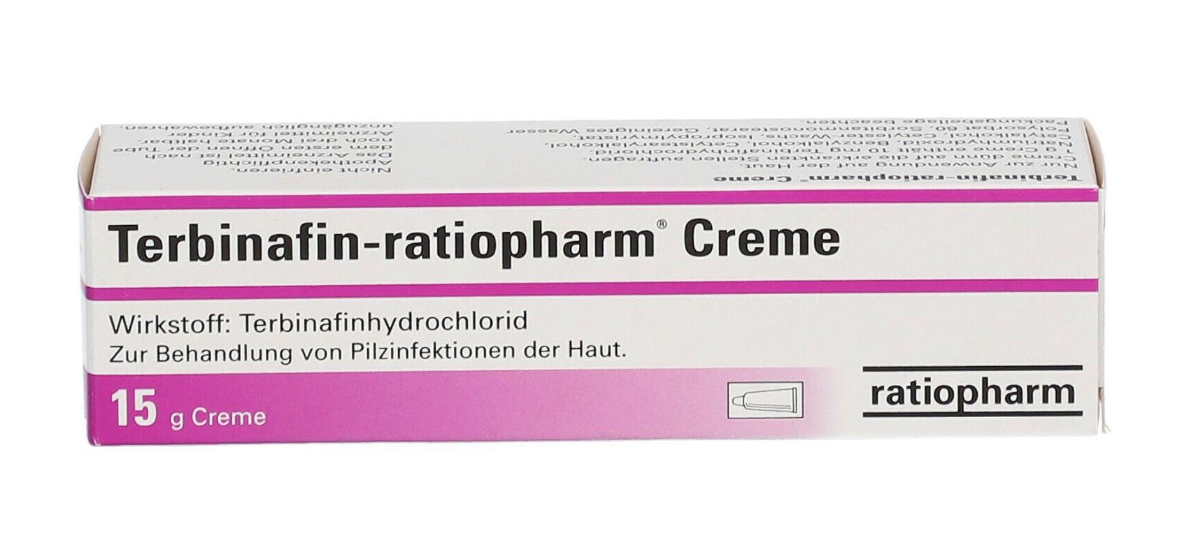 Packungsbox von Terbinafin-ratiopharm Creme, 15 g, zur Behandlung von Pilzinfektionen der Haut.