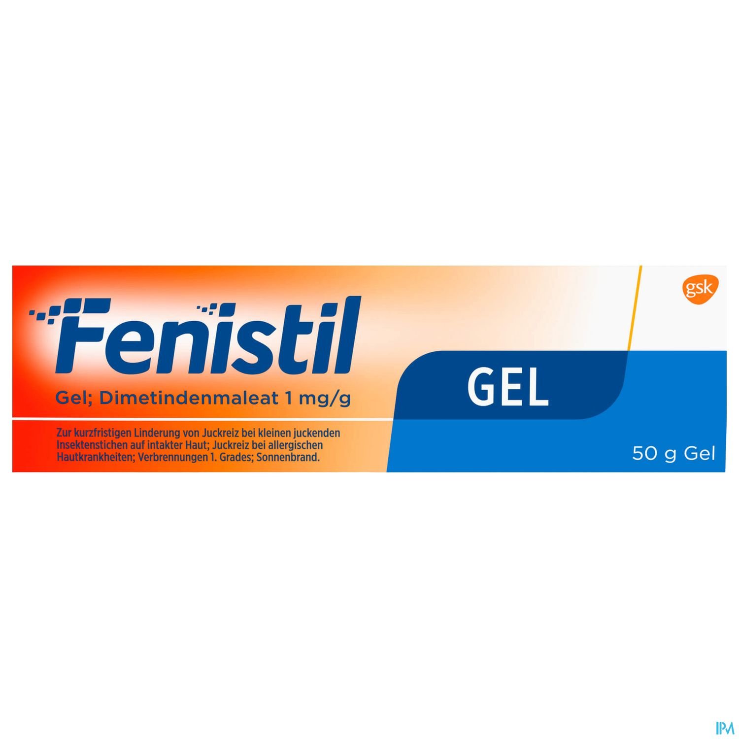 Verpackung von Fenistil Gel, 50 g, zur Linderung von Juckreiz bei Hautirritationen.