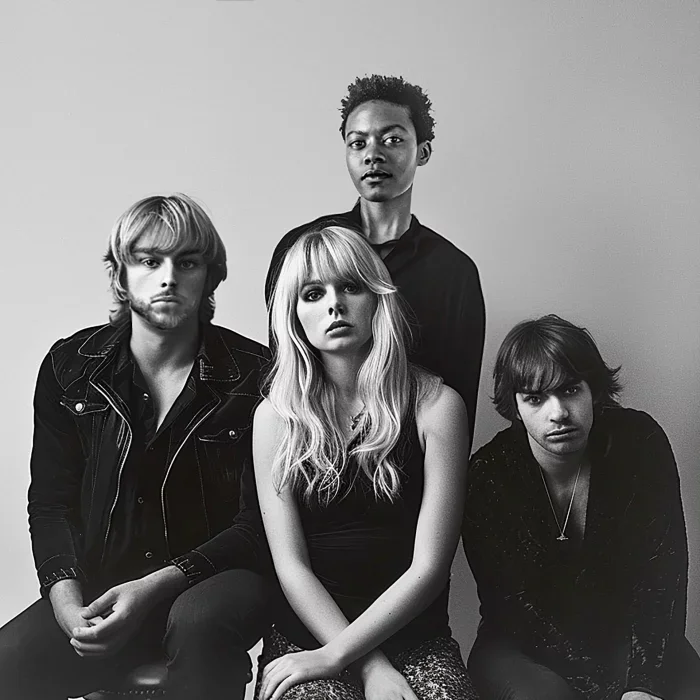 Schwarz-weiß Porträt einer Band mit vier Mitgliedern, die in einer neutralen Pose sitzen. Zwei männliche Mitglieder auf der linken Seite, eines mit blonden Haaren in einer Lederjacke und das andere mit dunklen Haaren. In der Mitte sitzt eine weibliche Sängerin mit langen blonden Haaren, während ein weiteres männliches Mitglied hinter ihr steht. Die Gruppenmitglieder haben einen ernsthaften Ausdruck und sind vor einem schlichten Hintergrund abgebildet.