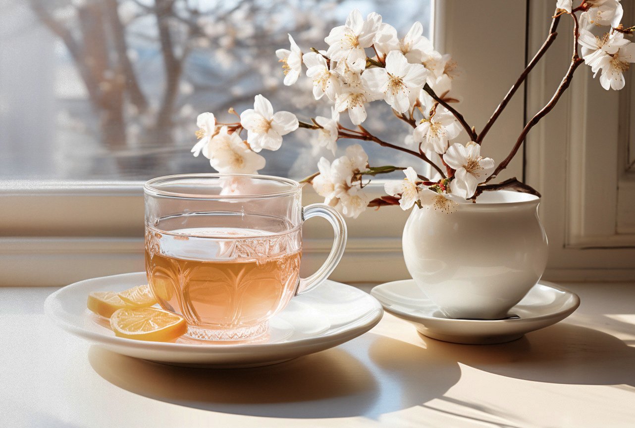 Teetasse und Blumevase auf der Fensterbank