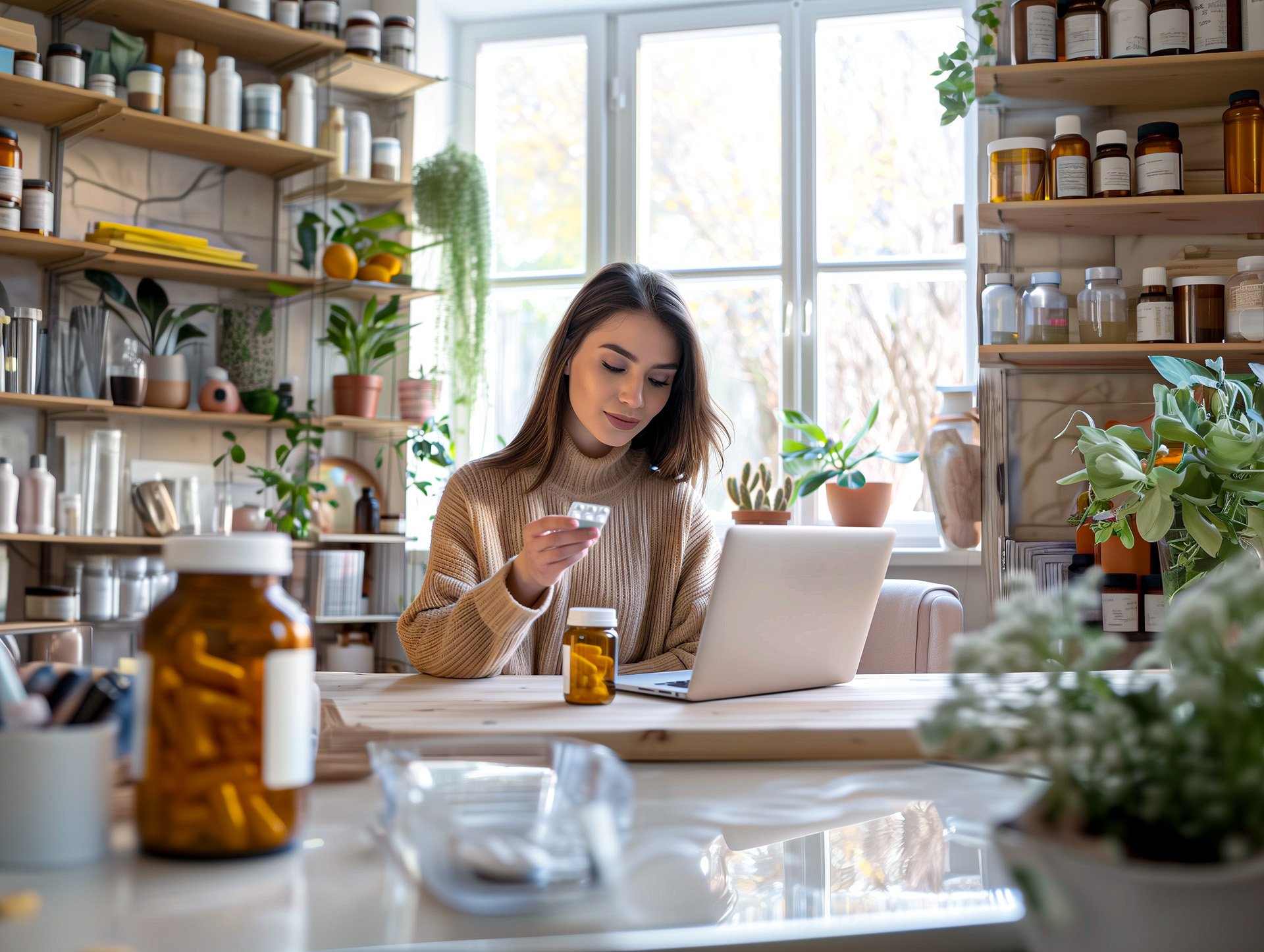 Frau sitzt mit Notebook am Tisch