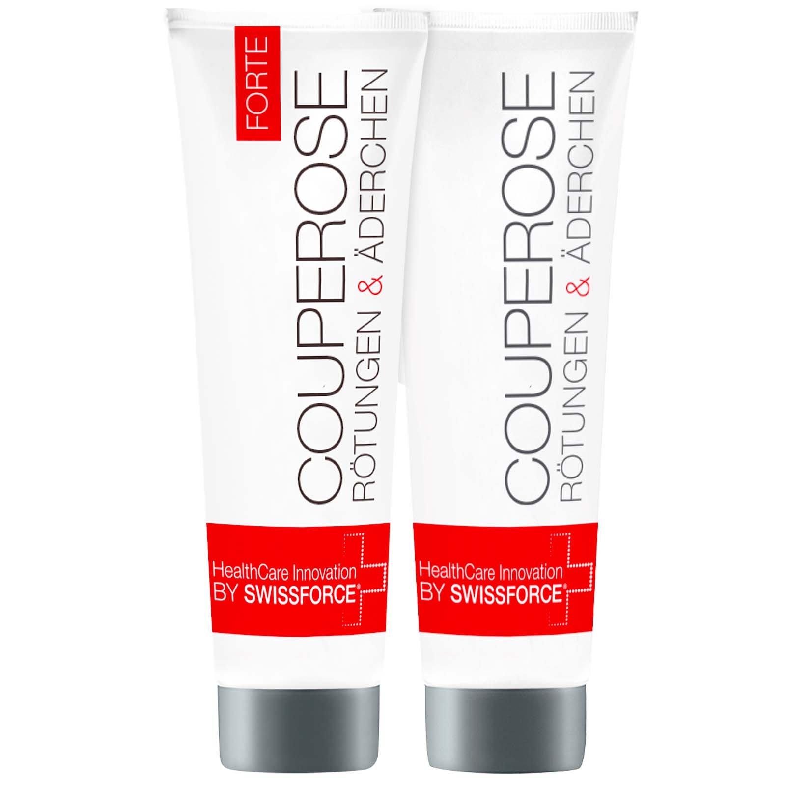Zwei Tuben der Creme "Couperose Forte" zur Behandlung von Rötungen und Äderchen, mit dem Hinweis auf HealthCare Innovation by Swissforce.