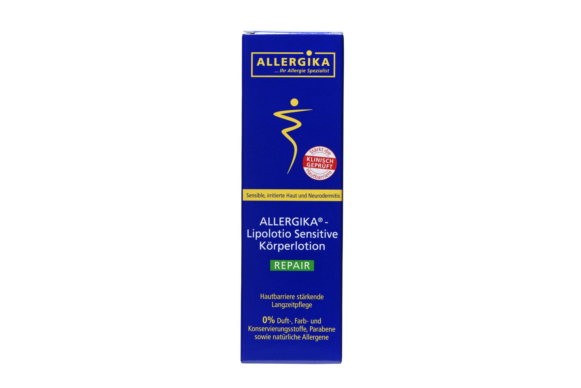 Packung der ALLERGIKA Lipolotion Sensitive Körperlotion mit dem Hinweis "REPAIR".