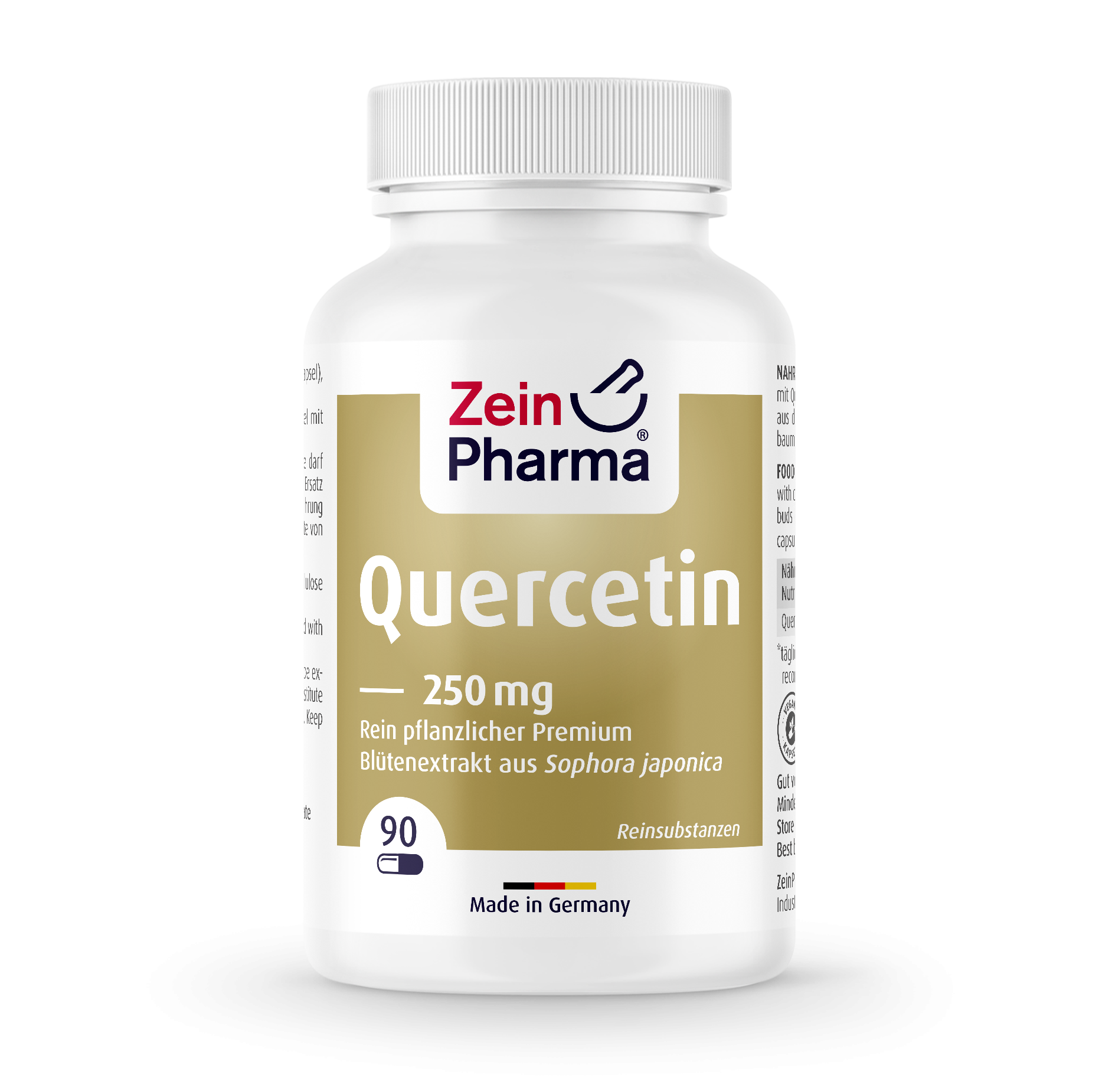 Weißes Fläschchen mit Gold- und blauen Etiketten, beschriftet mit "Zein Pharma Quercetin 250 mg" und der Angabe "Made in Germany".