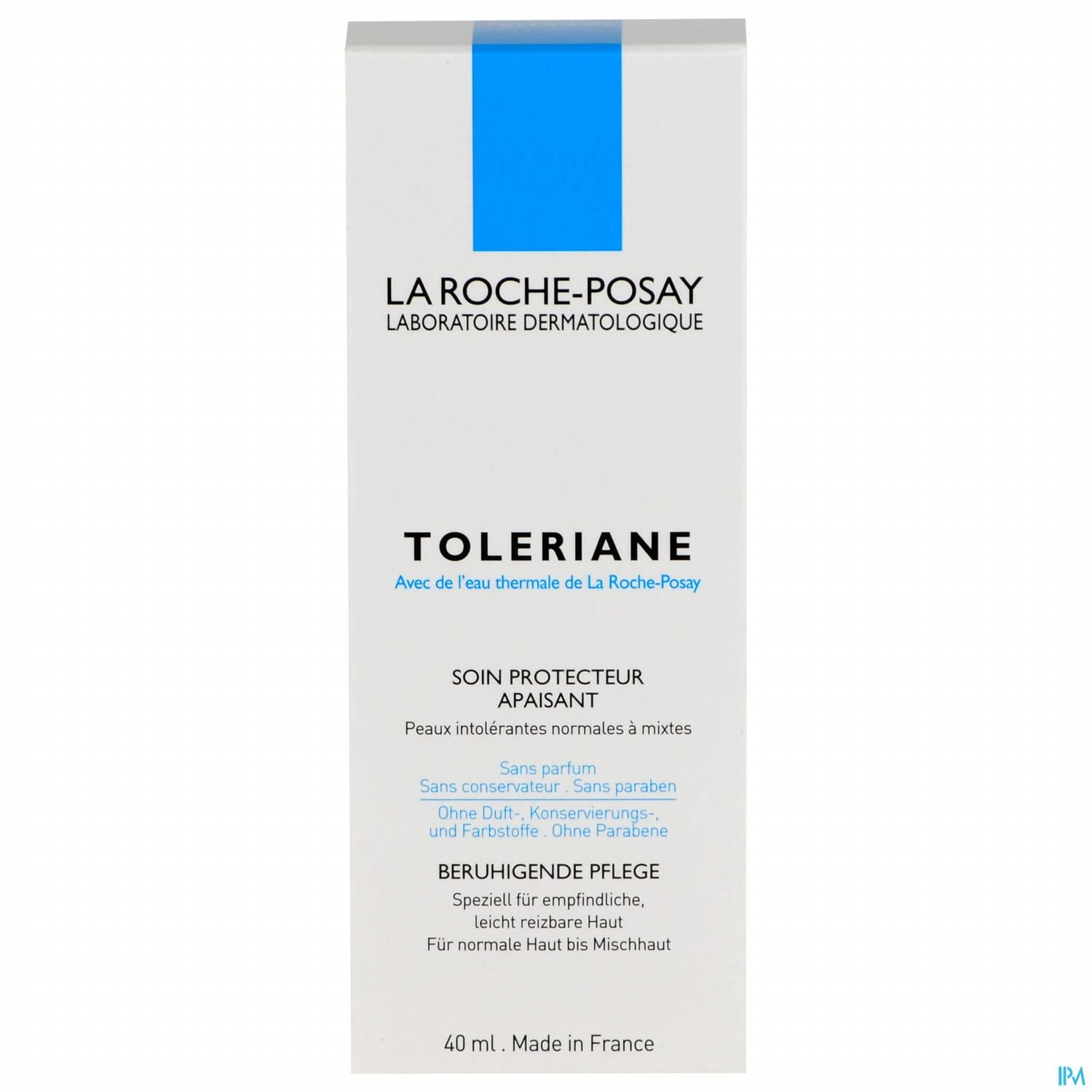 Produktverpackung von La Roche-Posay Toleriane, 40 ml, mit Informationen zur beruhigenden Pflege und Inhaltsstoffen.