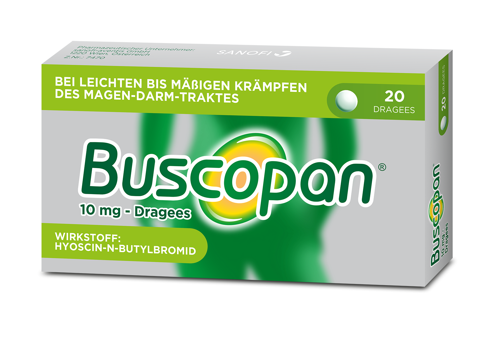 Packung von Buscopan 10 mg Dragees mit Hinweis auf die Anwendung bei Magen-Darm-Krämpfen und Angaben zur Wirkstoffinformation.
