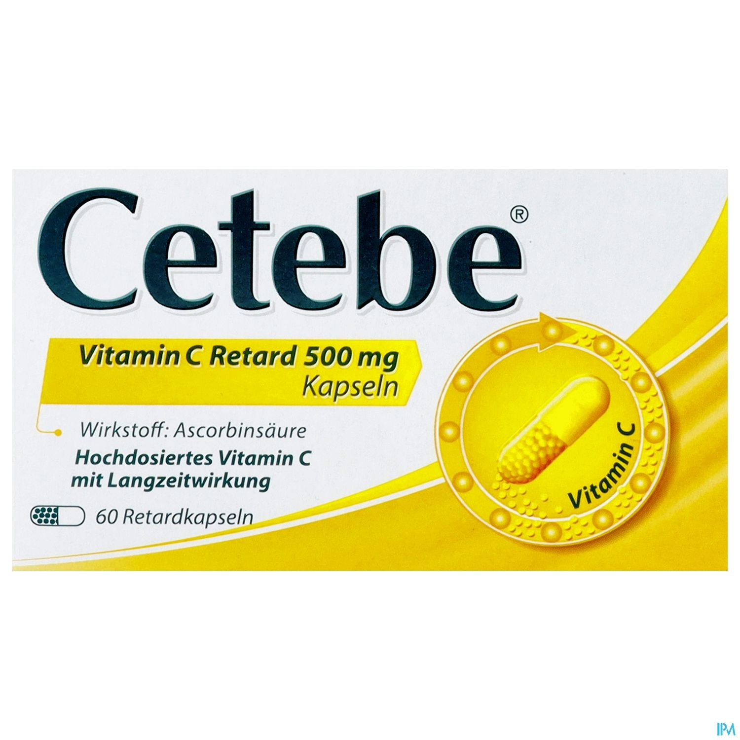 Verpackung von Cetebe Vitamin C Retard 500 mg Kapseln mit 60 Retardkapseln und Informationen zu Wirkstoff und Anwendung.