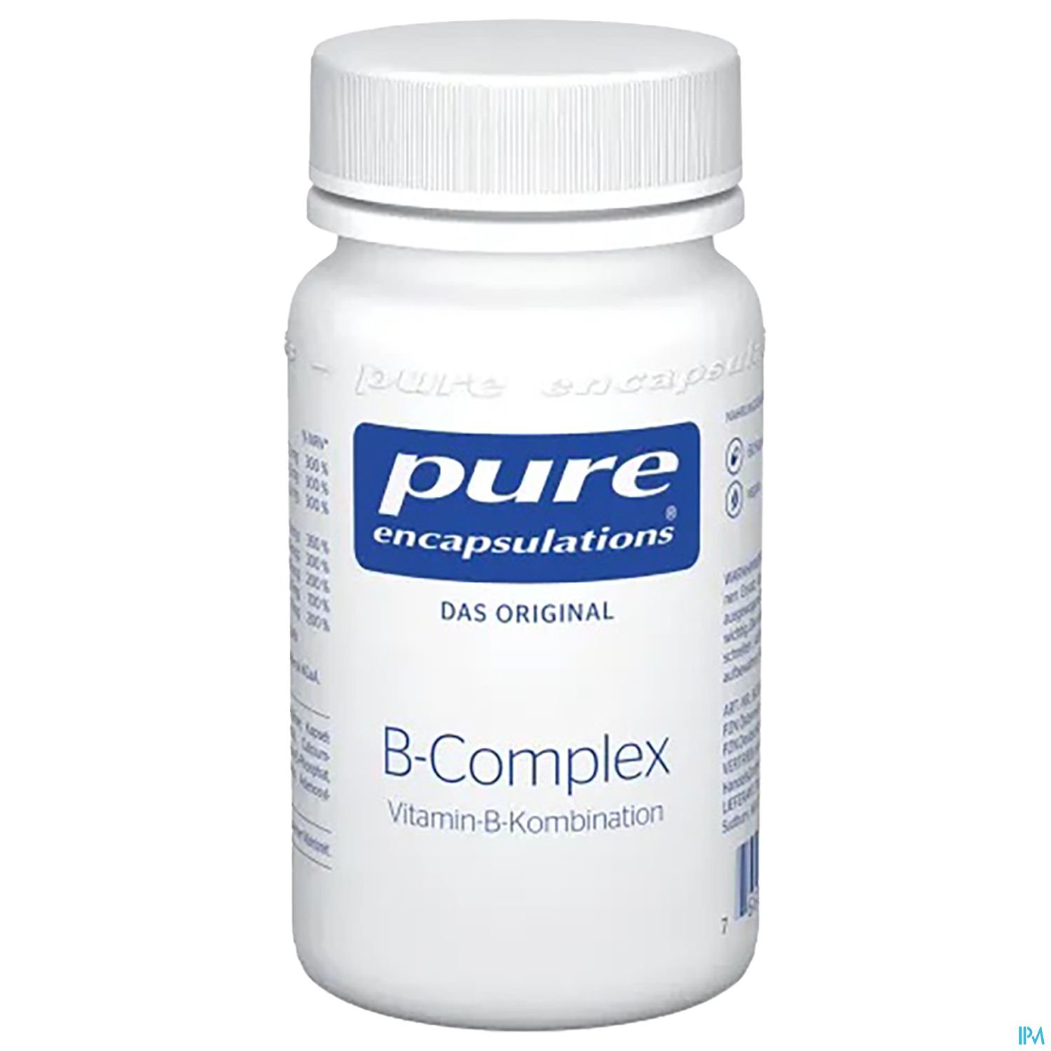 Weißes Fläschchen mit Schraubverschluss, beschriftet mit "pure encapsulations B-Complex" und dem Hinweis "Vitamin-B-Kombination".