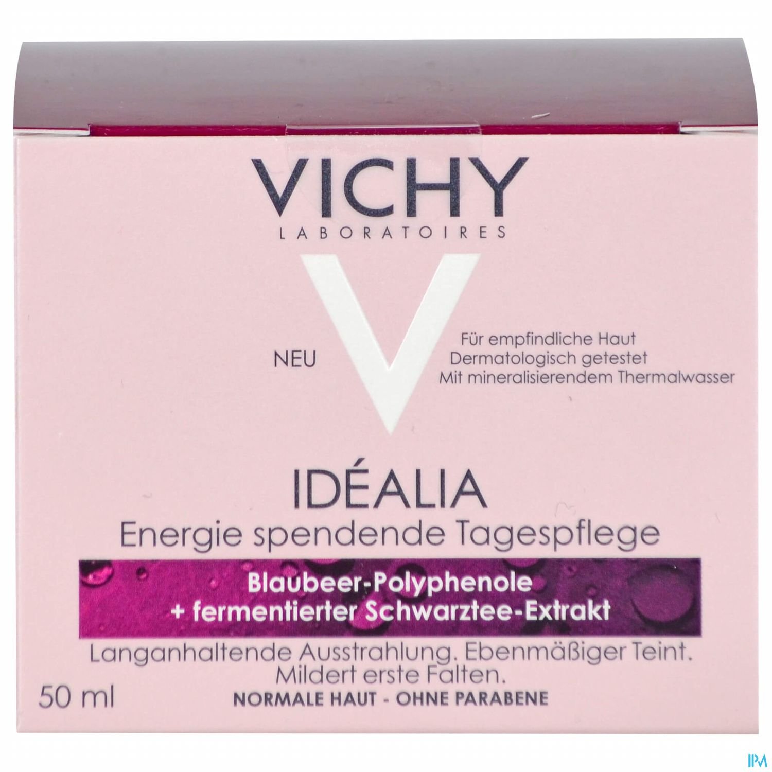 Vichy Idéalia Energie spendende Tagespflege, blaues Verpackungsdesign mit Hinweisen zu Inhaltsstoffen und Anwendungshinweisen.