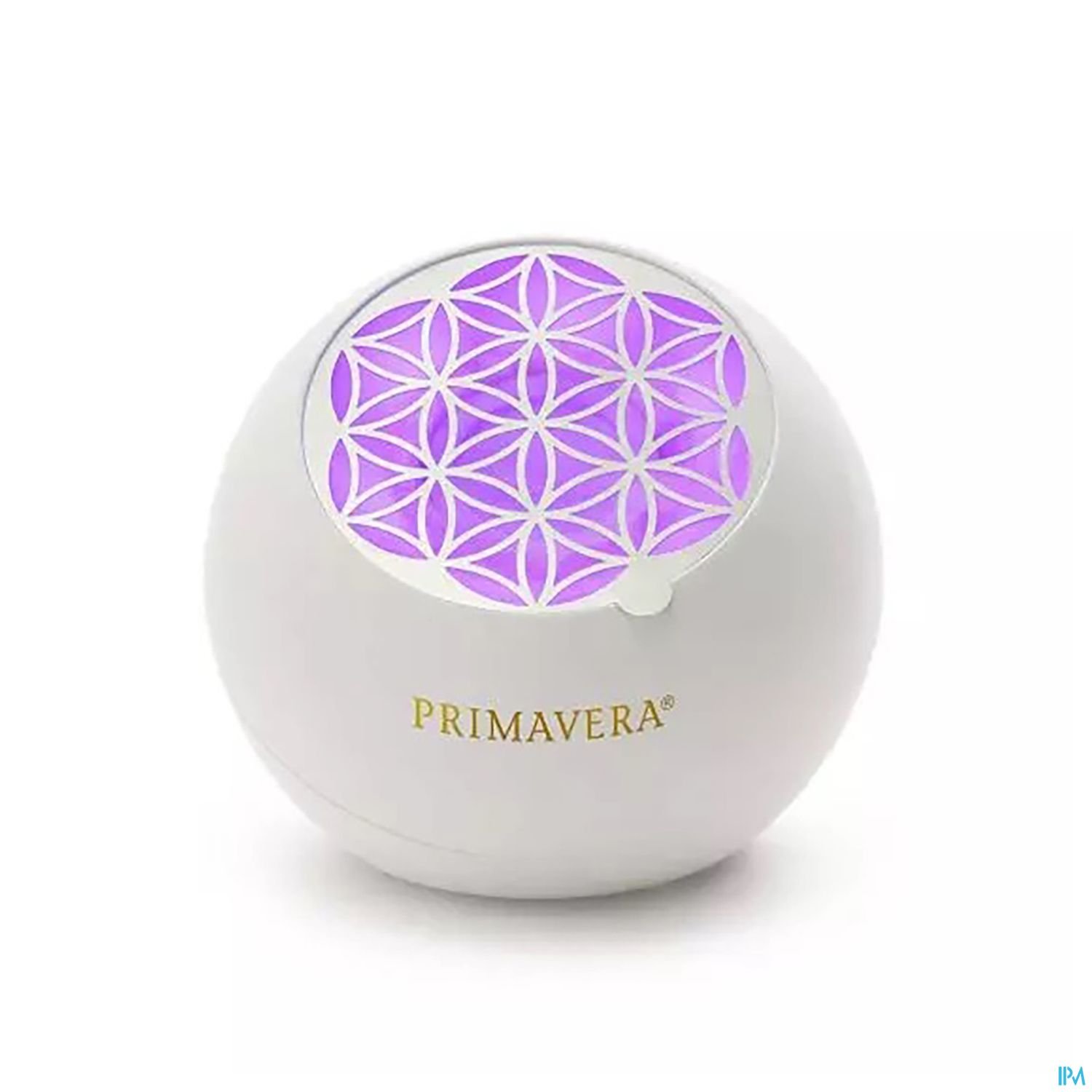 Runder Aromadiffusor in Weiß mit lila leuchtendem, blütenblattartigem Muster und dem Schriftzug "PRIMAVERA".