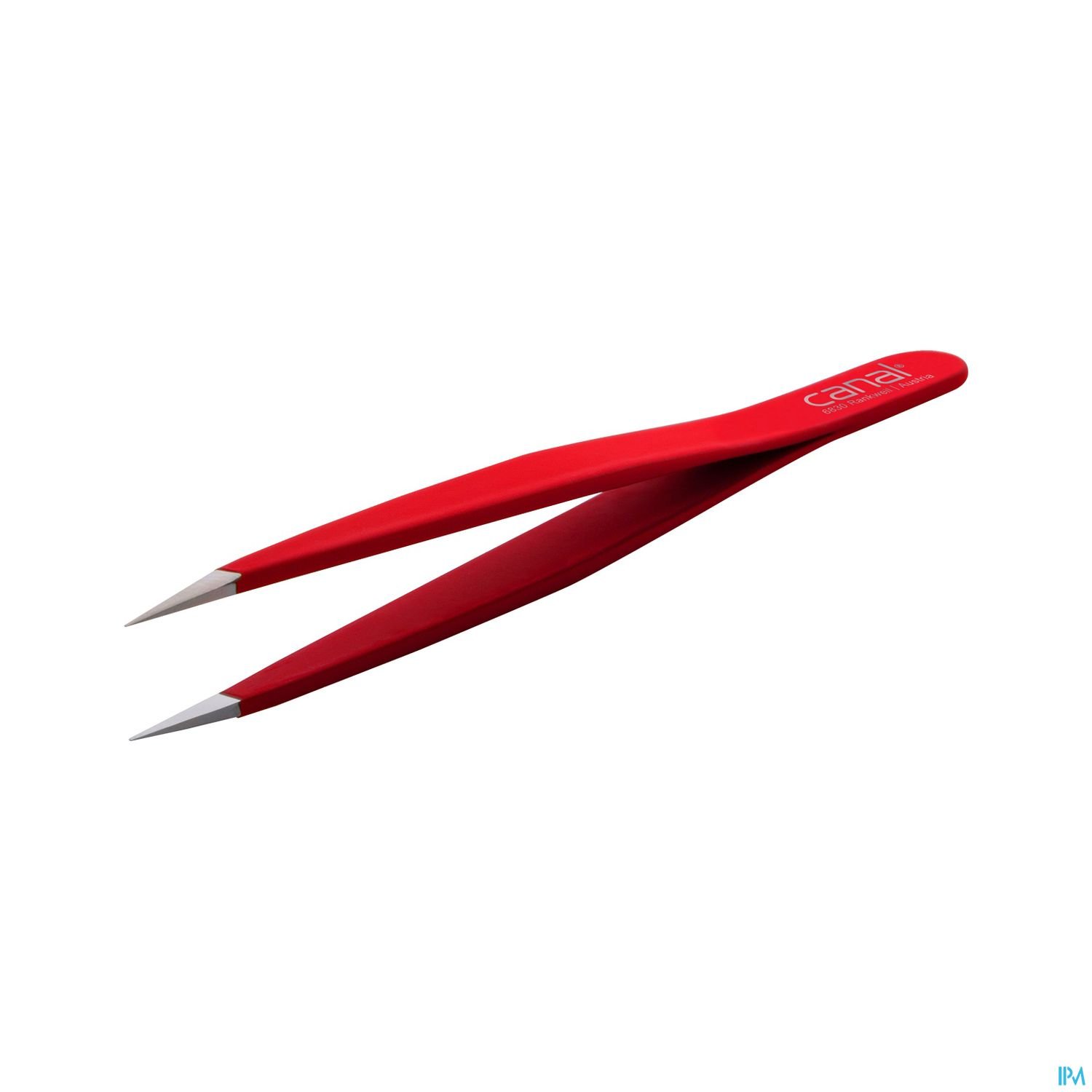 Rote Pinzette mit spitzen Enden auf weißem Hintergrund.