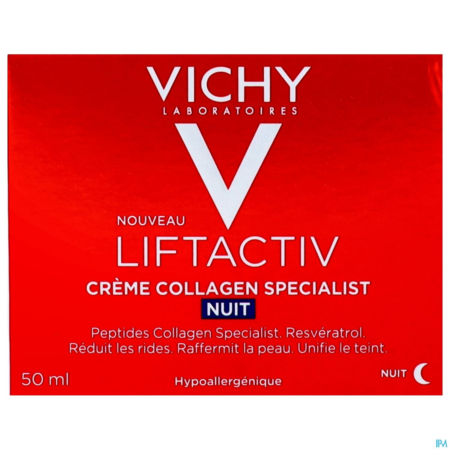 Rote Verpackung der Vichy Liftactiv Nachtcreme mit Informationen über Inhaltsstoffe und Anwendung.
