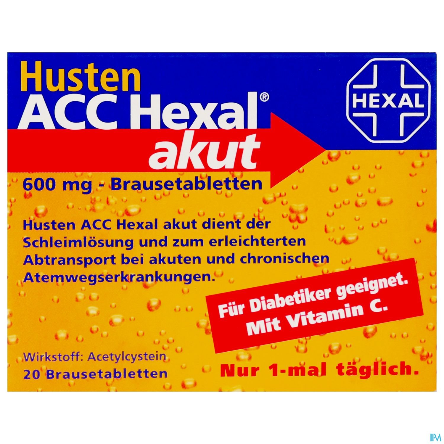 Verpackung von Husten ACC Hexal akut, 600 mg Brausetabletten, mit Hinweisen zur Anwendung und Eignung für Diabetiker.