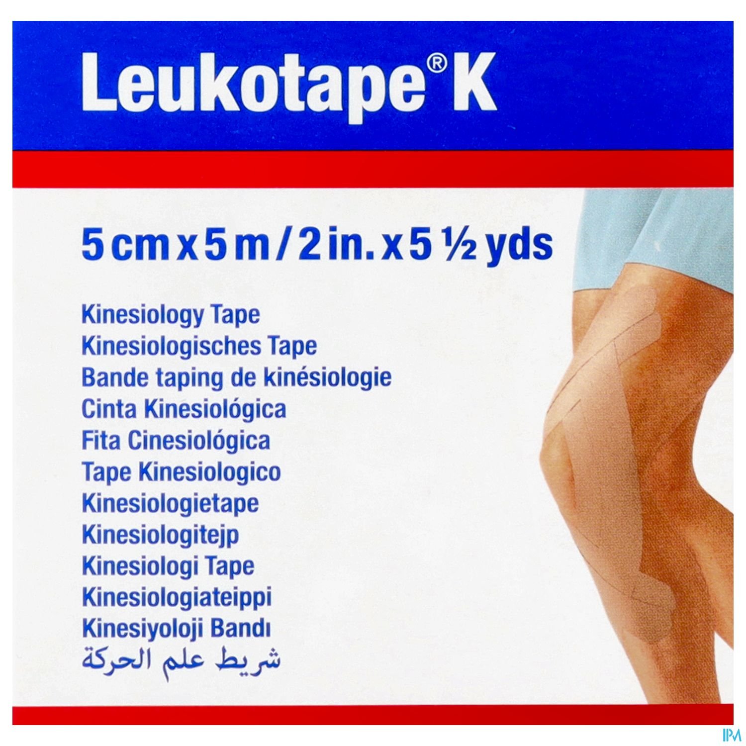 Produktverpackung von Leukotape K mit Maßeinheiten und verschiedenen Bezeichnungen für Kinesiologietape in mehreren Sprachen.