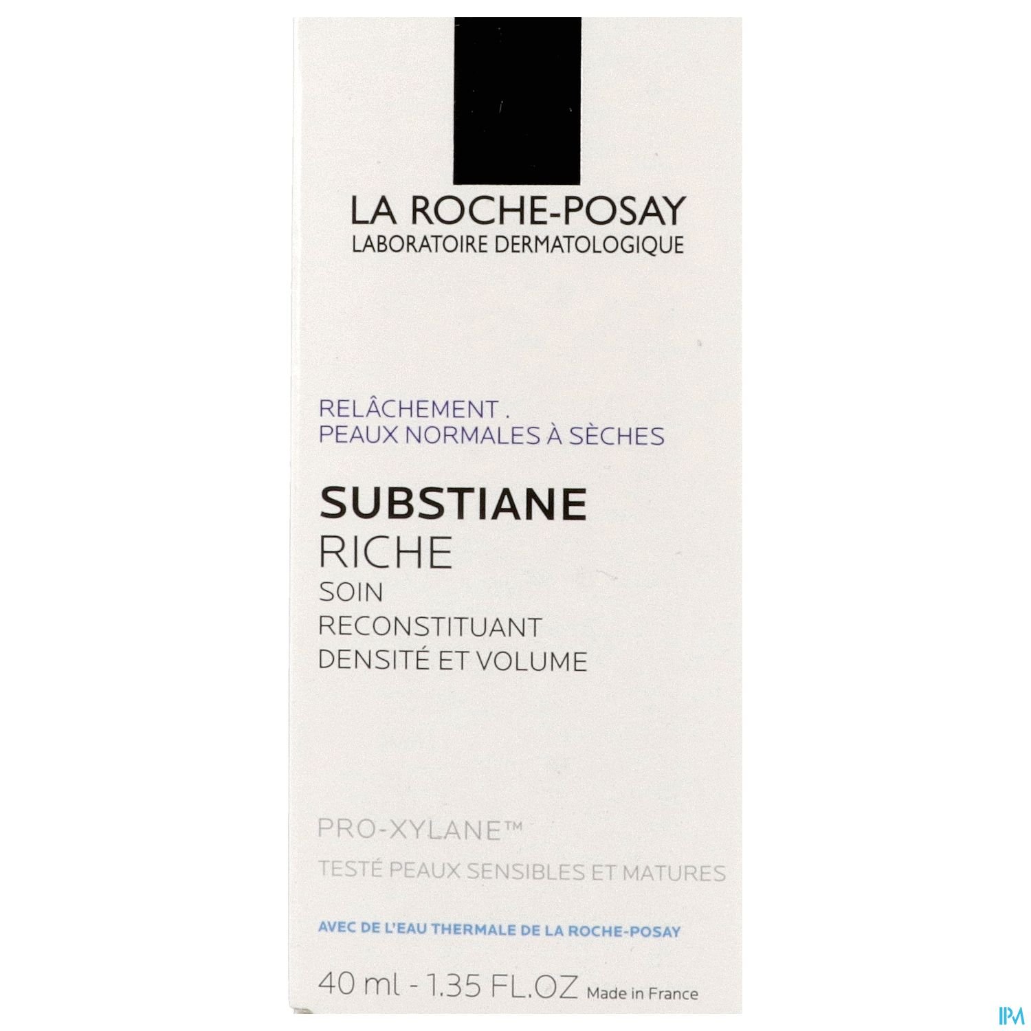 Produktverpackung von La Roche-Posay, Substiane Riche, für trockene und normale Haut, enthält 40 ml.