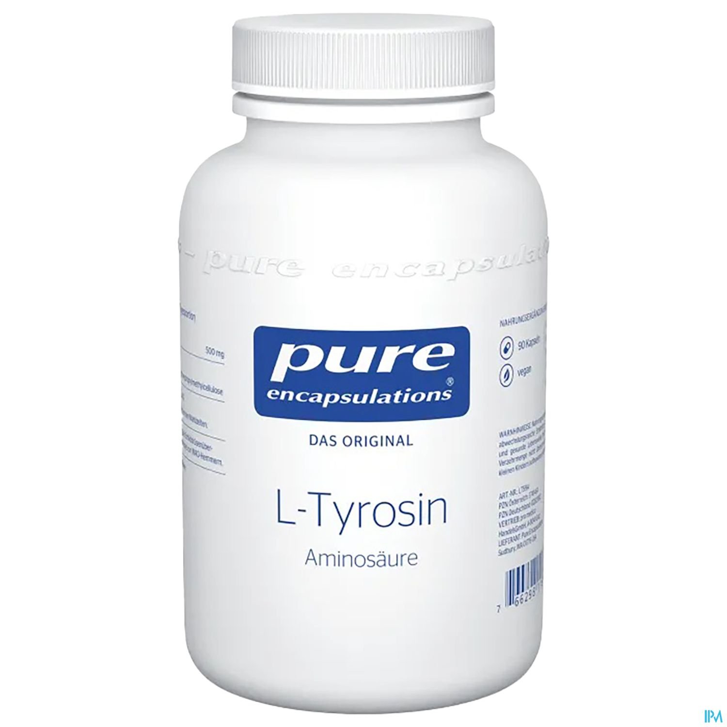 Weißes Fläschchen mit Schraubverschluss, beschriftet mit „pure encapsulations L-Tyrosin Aminosäure“.