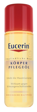 Flasche mit Eucerin Körperpflegeöl, Text: "Erhöht die Hautelastizität, Wirksam gegen Schwangerschaftsstreifen".
