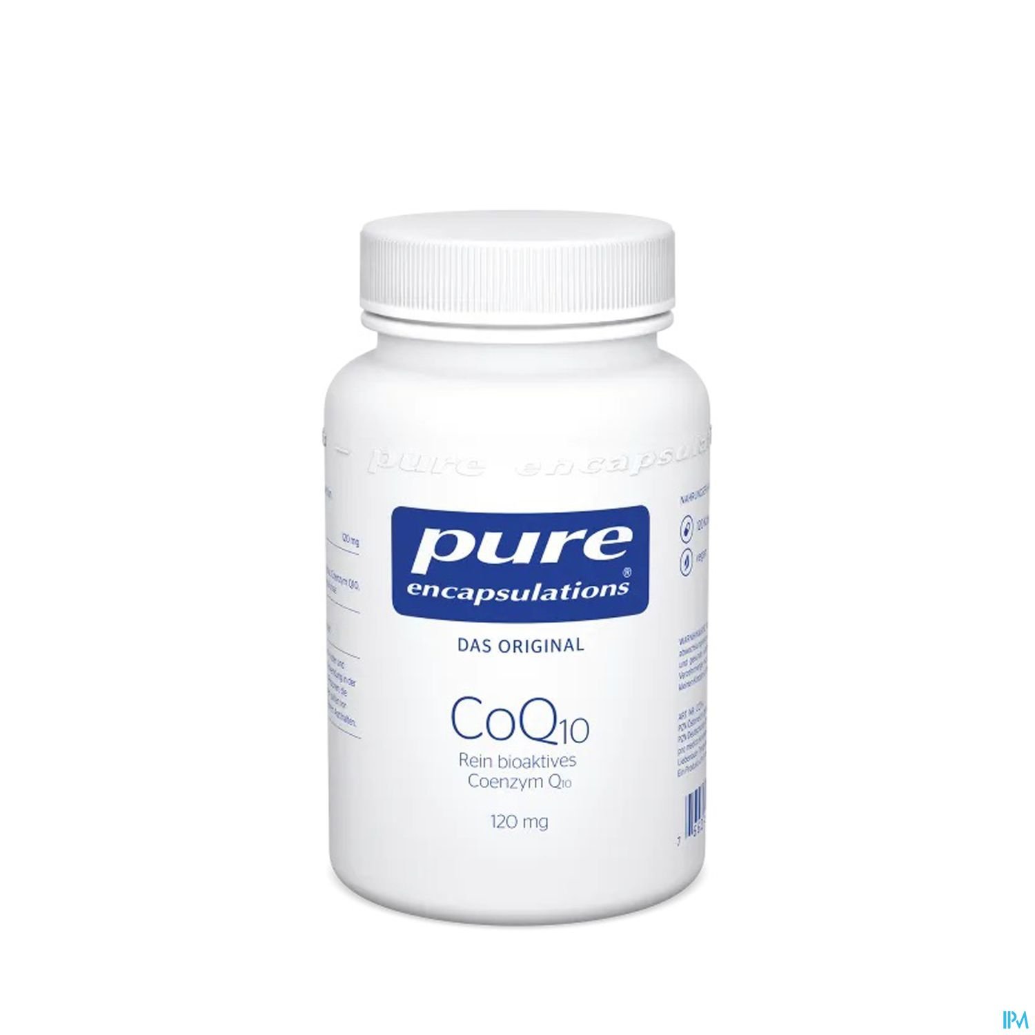 Weißes Fläschchen mit Verpackungsaufdruck "pure encapsulations", Produktname "CoQ10", 120 mg.