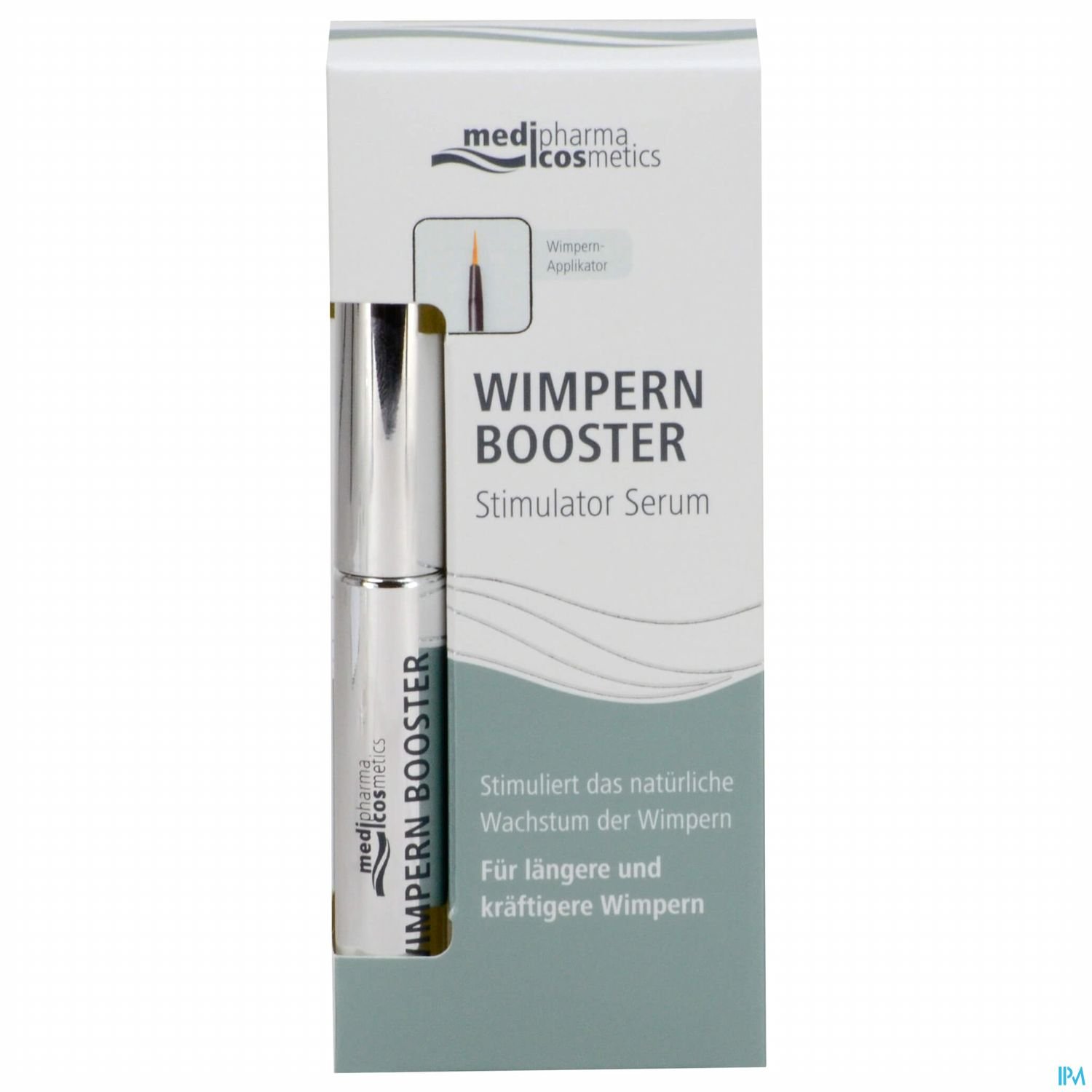 Verpackung eines Wimpernserums namens "Wimpern Booster" von medipharma cosmetics, mit Informationen über die Anwendung und Wirkung.