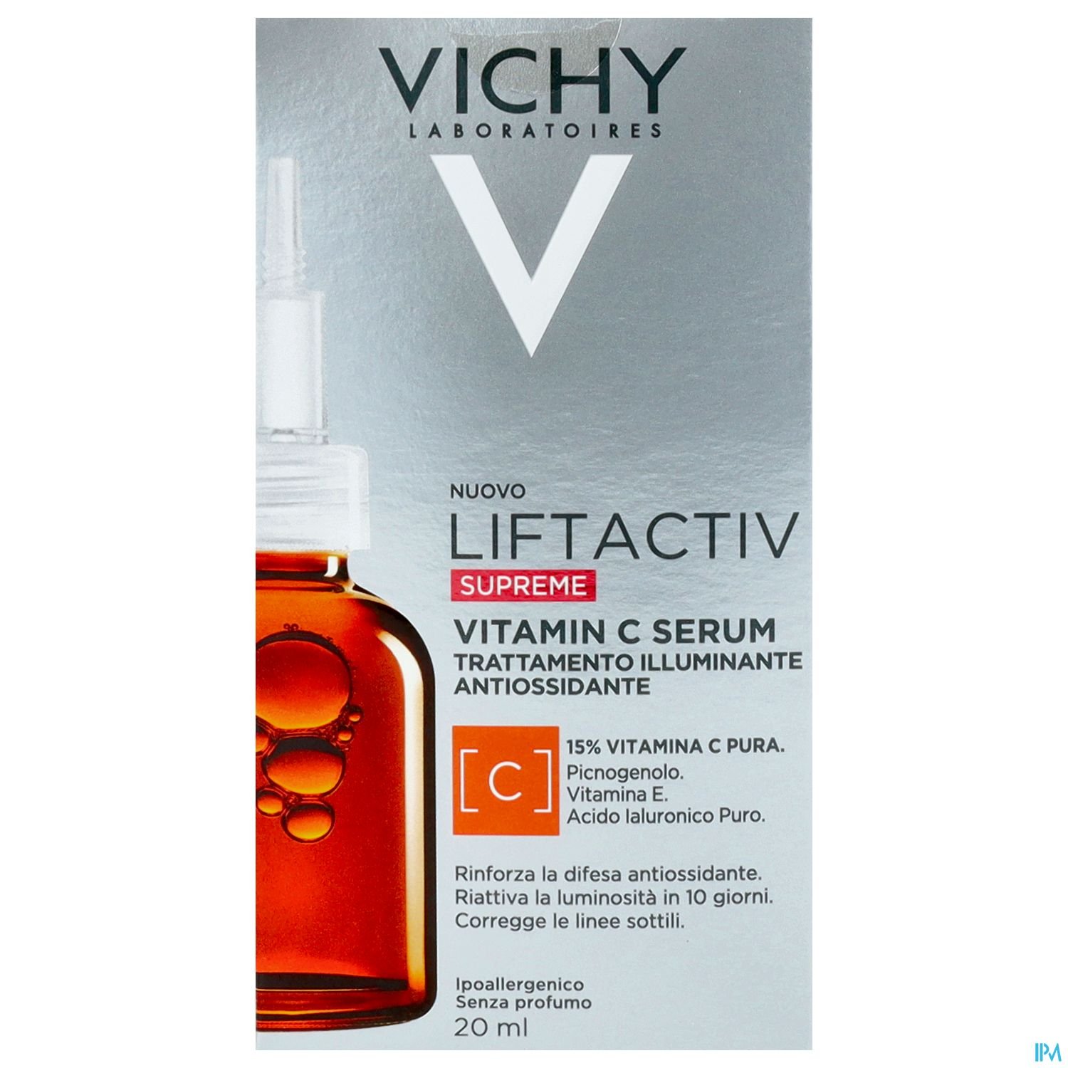 Produktverpackung von Vichy Liftactiv Supreme Vitamin C Serum, 20 ml, mit Informationen zu Inhaltsstoffen und Anwendung.