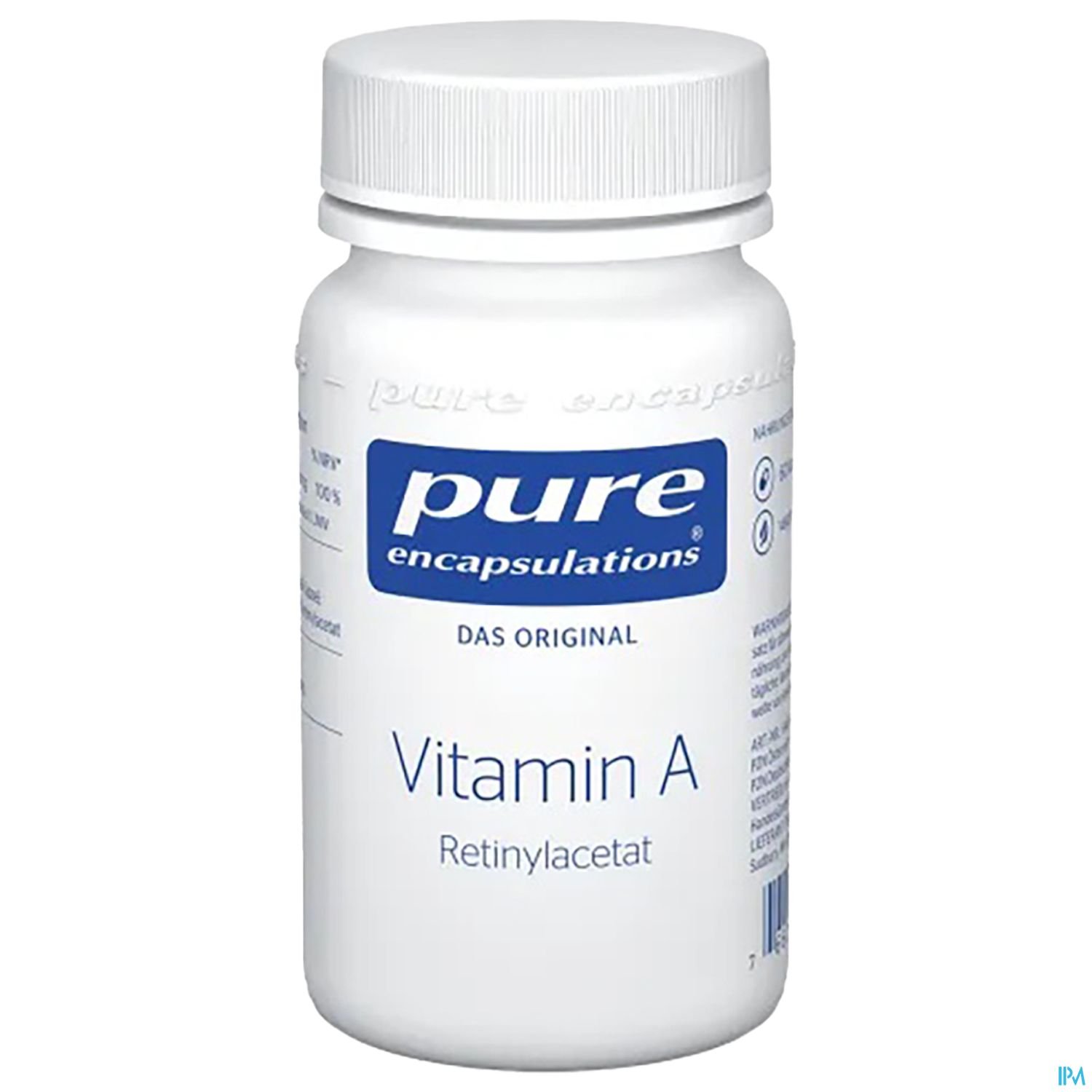 Weißes Fläschchen mit blauem Etikett, beschriftet mit "pure encapulations", "Vitamin A" und "Retinylacetat".