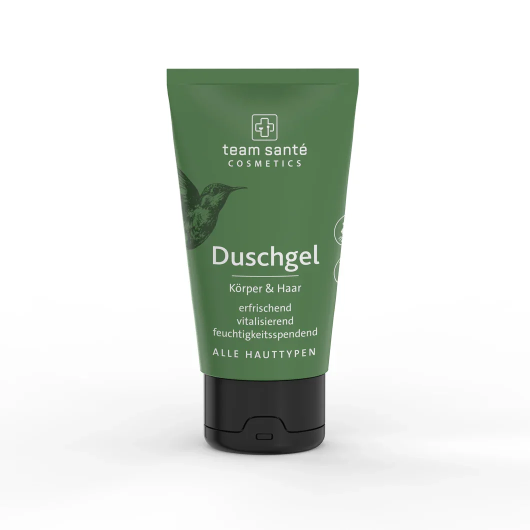 Duschgel von team santé COSMETICS in grüner Tube, geeignet für Körper und Haar, mit erfrischenden und vitalisierenden Eigenschaften, feuchtigkeitsspendend für alle Hauttypen.