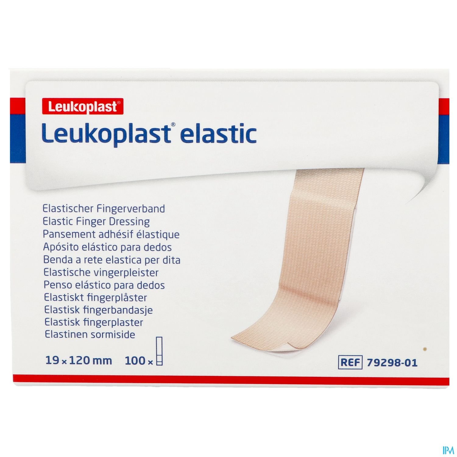Verpackung eines elastischen Fingerverbands von Leukoplast, weiß mit rotem Logo und Produktinformationen in mehreren Sprachen.
