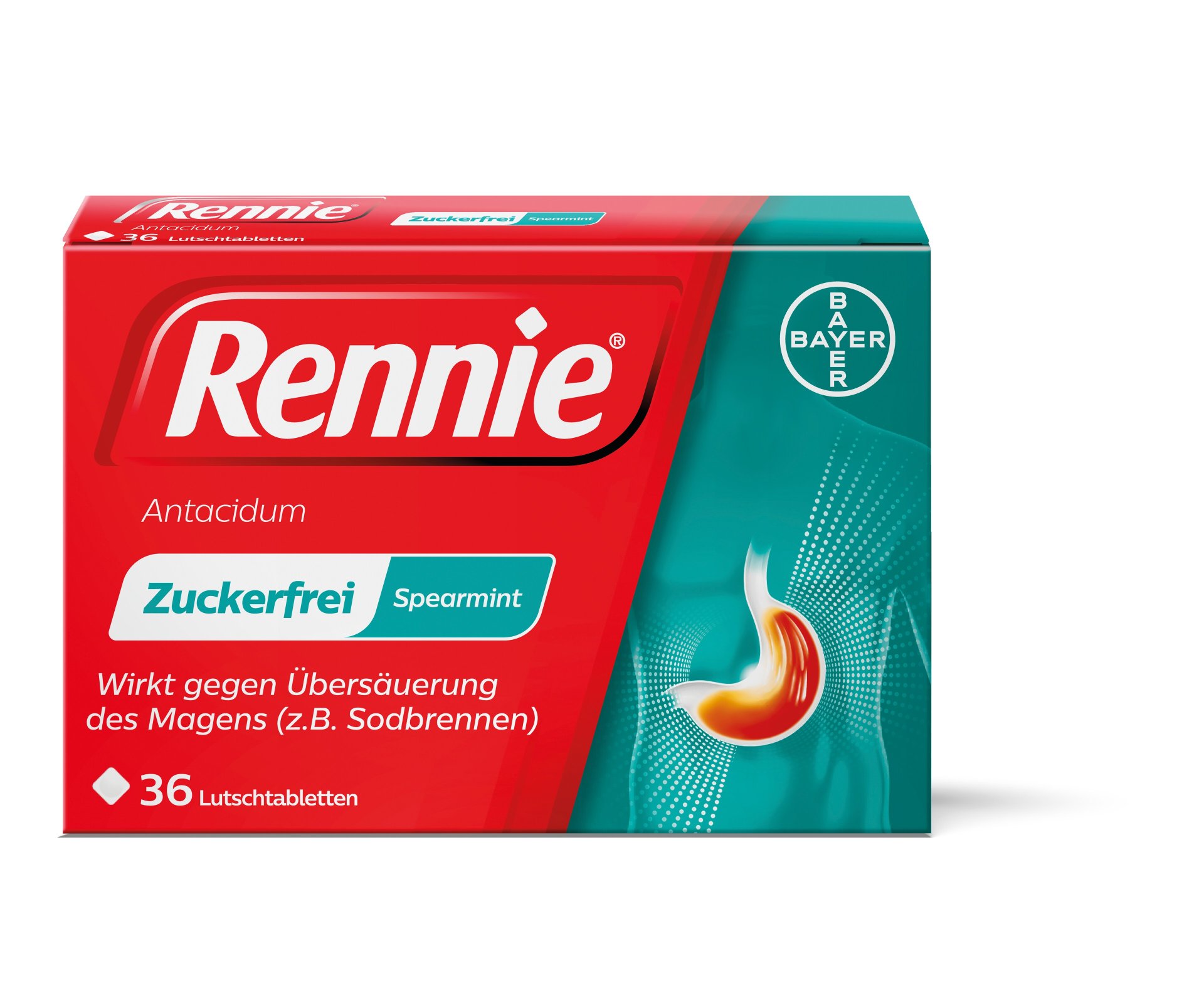 Verpackung von Rennie Antacid Lutschtabletten, zuckerfrei mit Spearmint-Geschmack, zur Linderung von Magenübersäuerung.